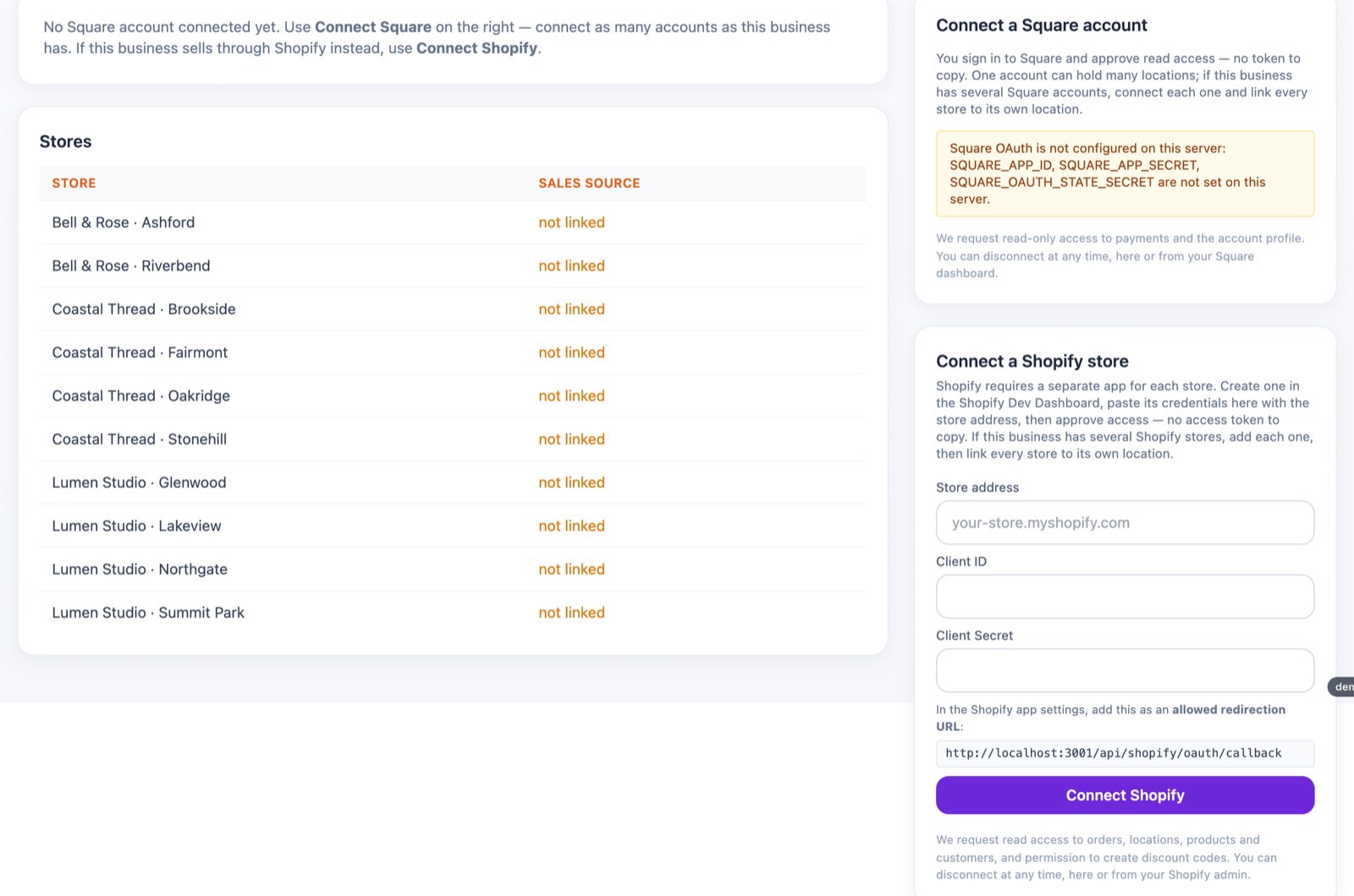 Integrations screen: Square account with its locations mapped to stores
