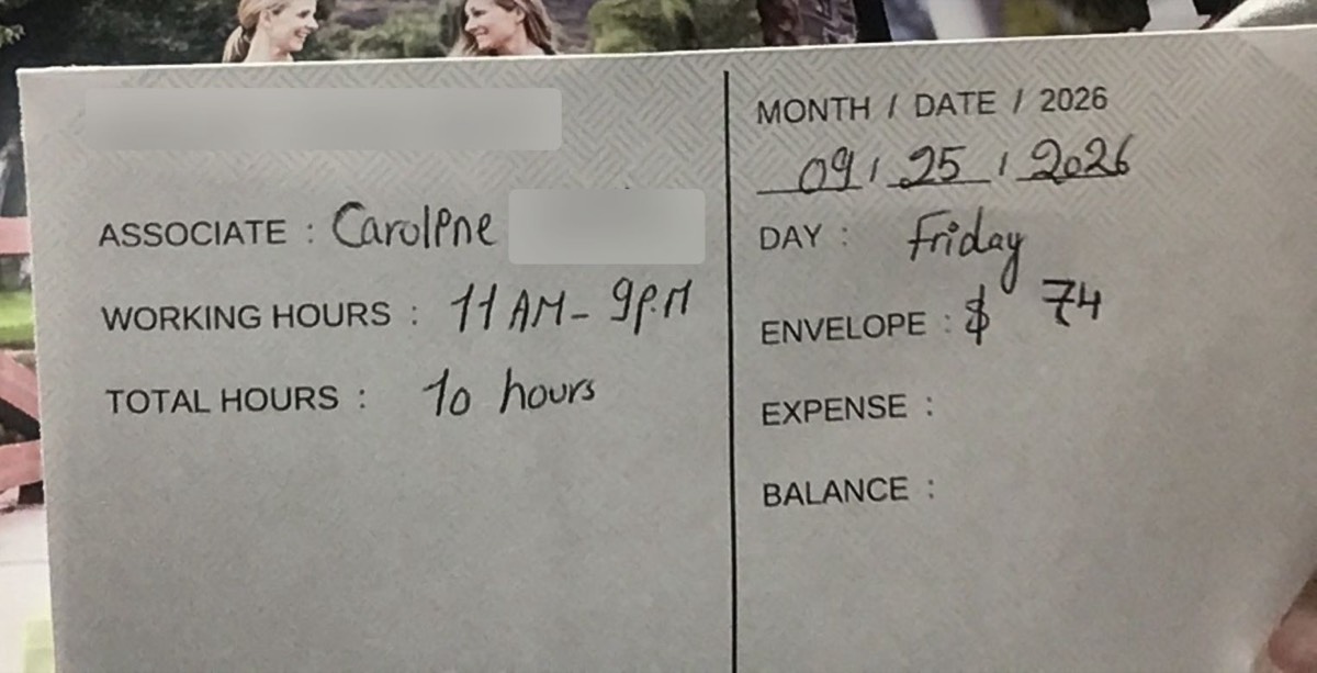 A handwritten end-of-day envelope photographed in the store